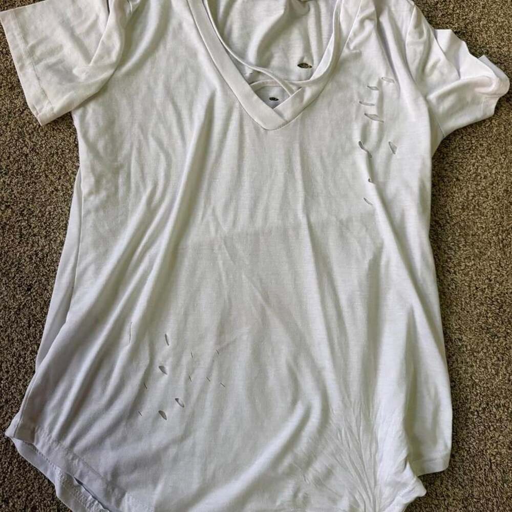 I Sassy Distressed Cutout T-Shirt Size L White V-Neck Crisscross